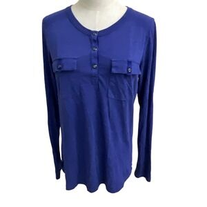 Athleta Long‎ Sleeve Shirt Top Blue Button Detail Womens Roll Tab Sz Med